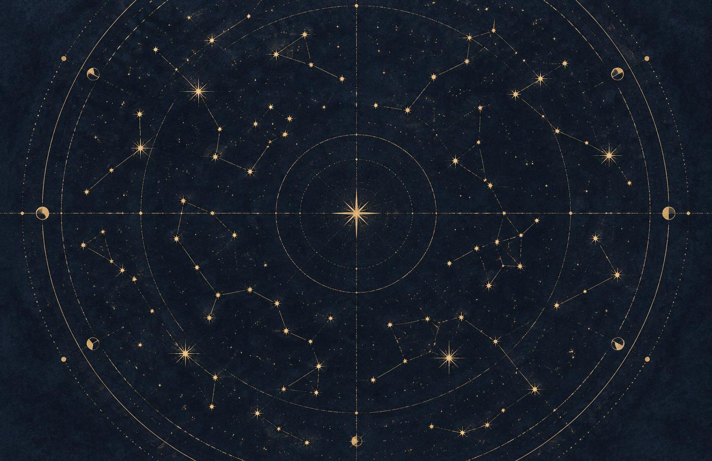A circular celestial chart drawn in gold ink, with constellations mapped inside concentric rings